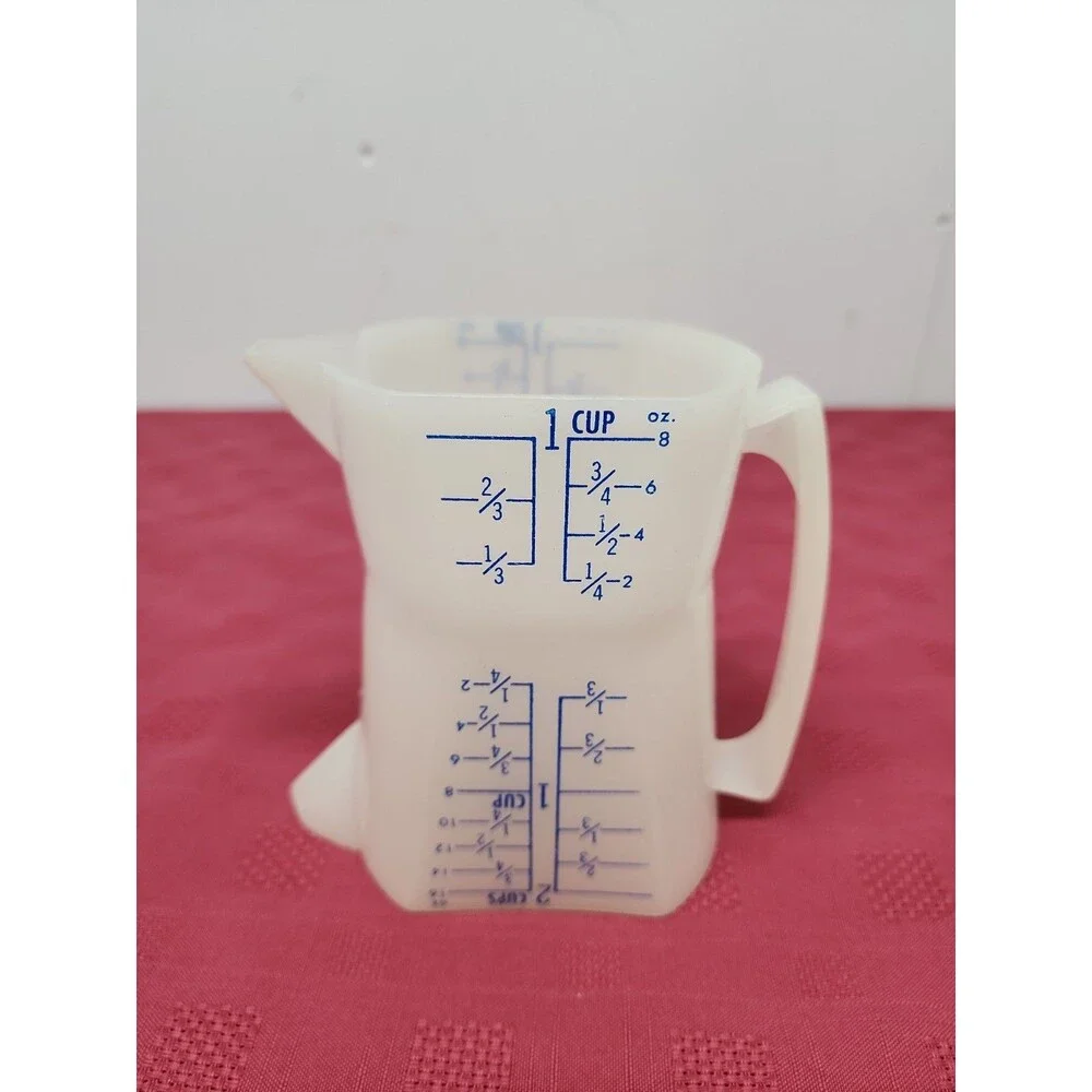 Vintage 1970's Westland Plastics Double Sided Measuring Cup Blue Graphics USA